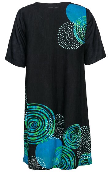Schwarzes Damenkleid mit kurzen Ärmeln, Muster aus blauen und grünen Kreisen und weißen Punkten, rundem Ausschnitt, knielang, gerade geschnitten