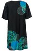 Schwarzes Damenkleid mit kurzen Ärmeln, Muster aus blauen und grünen Kreisen und weißen Punkten, rundem Ausschnitt, knielang, gerade geschnitten