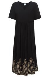 Schwarzes Midikleid mit kurzen Ärmeln, V-Ausschnitt, lockerer Schnitt, am Saum beiger Blätterranken-Print