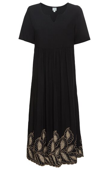 Schwarzes Midikleid mit kurzen Ärmeln, V-Ausschnitt, lockerer Schnitt, am Saum beiger Blätterranken-Print