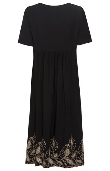 Schwarzes Kleid mit kurzen Ärmeln, Rundhalsausschnitt, knieumspielende Länge, lockerer Schnitt, goldfarbene Blätter-Verzierung am Saum