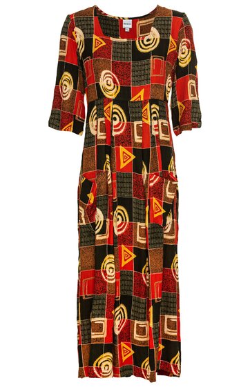 Langärmliges langes Kleid in Dunkelbraun, Olivgrün, Rot und Beige, geometrisches Muster mit Quadraten, Spiralen und Dreiecken, Rundhalsausschnitt, gerade geschnitten