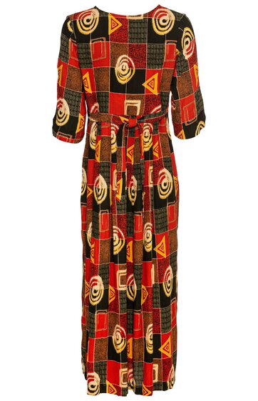 Maxikleid in Schwarz, Rot, Gelb mit geometrischem Muster aus Kreisen und Dreiecken, Rundhalsausschnitt, halblange Ärmel, Taillengürtel, lockere Passform