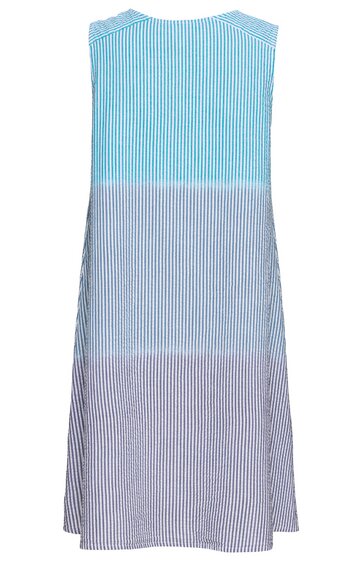 Ärmelloses Sommerkleid in Hellblau, Hellgrau und Helllila mit feinen vertikalen Streifen, Rundhalsausschnitt, knielang, leicht ausgestellt