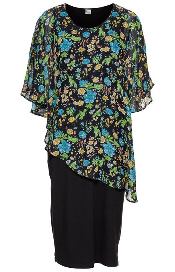 Zweiteiliges Damenkleid, schwarz, Oberteil mit buntem Blumenmuster in Blau, Grün und Beige, kurze weit geschnittene Ärmel, rundhals, asymmetrischer Saum, darunter knielanger schwarzer Rock, gerade Passform