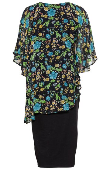 Zweiteiliges Kleid, Oberteil schwarz mit blauem und gelbem Blumenmuster, kurzärmlig, locker fallend, unteres Kleid schlicht schwarz, knielang, gerade geschnitten