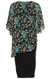 Zweiteiliges Kleid, Oberteil schwarz mit blauem und gelbem Blumenmuster, kurzärmlig, locker fallend, unteres Kleid schlicht schwarz, knielang, gerade geschnitten