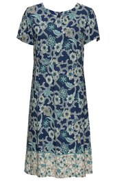 Kleid in Dunkelblau mit floralem Muster in Hellblau und Beige, kurze Ärmel, Rundhalsausschnitt, locker fallende Form, Saumabschluss mit andersfarbigem floralem Muster