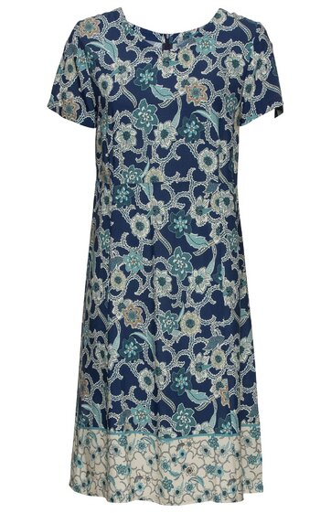 Kleid in Dunkelblau mit floralem Muster in Hellblau und Beige, kurze Ärmel, Rundhalsausschnitt, locker fallende Form, Saumabschluss mit andersfarbigem floralem Muster