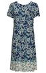 Kleid in Dunkelblau mit floralem Muster in Hellblau und Beige, kurze Ärmel, Rundhalsausschnitt, locker fallende Form, Saumabschluss mit andersfarbigem floralem Muster