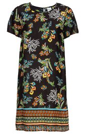 Schwarzes Kleid mit buntem Blumen- und Blättermuster, knielang, kurze Ärmel, rundhalsausschnitt, gerader Schnitt, breiter bunter Bordürensaum am unteren Saum