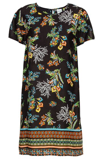 Schwarzes Kleid mit buntem Blumen- und Blättermuster, knielang, kurze Ärmel, rundhalsausschnitt, gerader Schnitt, breiter bunter Bordürensaum am unteren Saum