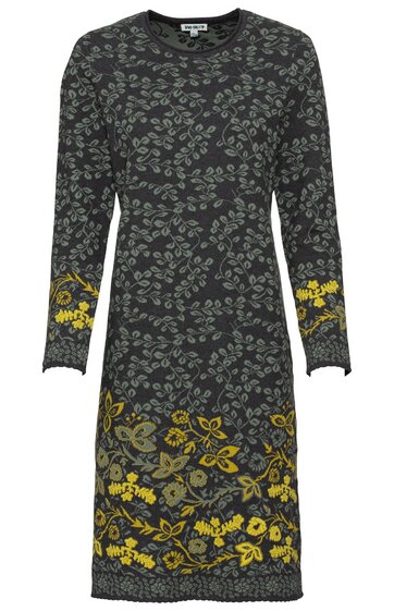 Dunkelgraues, knielanges Kleid mit langem Arm, grauem Blattmuster auf gesamter Fläche, gelb-grauer floral gestalteter Saum und Ärmelenden, Rundhalsausschnitt, gerade geschnitten