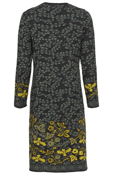 Dunkelgraues Kleid mit langem Arm, florales Muster in Hellgrau über den gesamten Stoff, gelb-graues Blumenmuster am Saum und an den Ärmelenden, gerade Form, knieumspielend