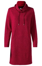 Rotes Strickkleid mit Ton-in-Ton strukturiertem Muster, langer Ärmel, Rollkragen mit Kordelzug, gerade Form, knielang