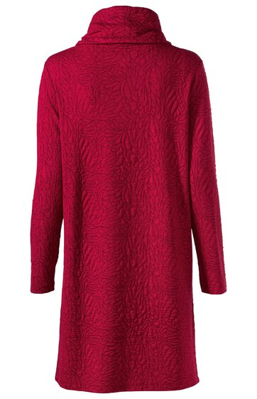 Roter Damenmantel mit feiner, strukturierter Oberfläche, langer Schnitt, Stehkragen, lange Ärmel, gerade Form