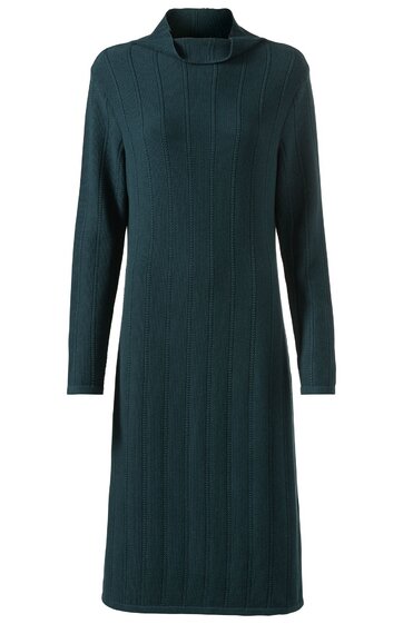 Dunkelgrünes, knielanges Strickkleid mit langem Arm, Stehkragen, vertikalen Rippenstrukturen, schmaler Schnitt, keine weitere Verzierung