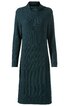 Dunkelgrünes, knielanges Strickkleid mit langem Arm, Stehkragen, vertikalen Rippenstrukturen, schmaler Schnitt, keine weitere Verzierung