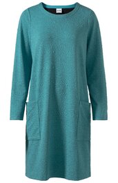 Türkisfarbenes Kleid, einfarbig, langärmelig, rundhalsausschnitt, zwei aufgesetzte Taschen vorne, gerade geschnitten