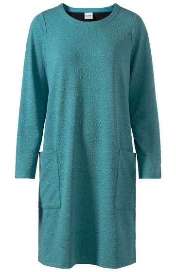 Türkisfarbenes Kleid, einfarbig, langärmelig, rundhalsausschnitt, zwei aufgesetzte Taschen vorne, gerade geschnitten