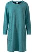 Türkisfarbenes Kleid, einfarbig, langärmelig, rundhalsausschnitt, zwei aufgesetzte Taschen vorne, gerade geschnitten