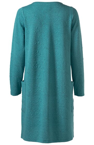 Türkisfarbener langer Mantel mit Strukturmuster, langärmlig, gerade geschnitten, ohne Kragen, zwei Taschen seitlich, Rückansicht