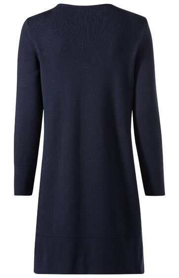 Dunkelblauer Pulloverkleid, langärmlig, gerade geschnitten, ohne sichtbare Muster oder Verzierungen, Rückenansicht