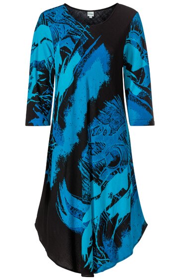 Knie- bis wadenlanges Kleid in Schwarz und Türkis, asymmetrischer V-Ausschnitt, 3/4-Ärmel, abstraktes Muster, taillierte A-Linien-Form