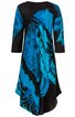 Damenkleid, schwarz und kräftig türkisblau, abstraktes Muster, dreiviertellange Ärmel, asymmetrischer Saum, locker fallende Form