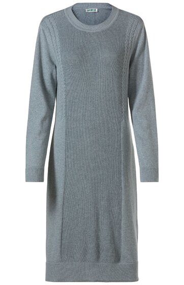 Grau meliertes Longsweatshirtkleid mit geradem Schnitt, Rundhalsausschnitt, langen Ärmeln, seitlichen Nähten, Bündchen am Saum und an den Ärmeln