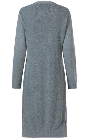 Graues langärmeliges Kleid, gerade geschnitten, knielang, ohne Muster oder weitere Verzierungen, schmaler Rundhalsausschnitt, breiter Saumabschluss