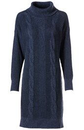 Dunkelblaues Strickkleid mit Zopfmuster in der Mitte, Rollkragen, lange Ärmel, gerade geschnitten, knielang