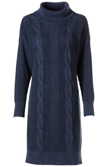 Dunkelblaues Strickkleid mit Zopfmuster in der Mitte, Rollkragen, lange Ärmel, gerade geschnitten, knielang