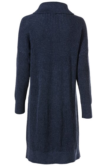 Dunkelblauer Strickmantel ohne Muster, langer Schnitt bis über die Hüfte, gerader Kragen, lange Ärmel, gerade Passform