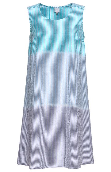 Ärmelloses Kleid in Hellblau und Weiß mit dünnen vertikalen Streifen, rundem Ausschnitt, locker geschnitten, knielang