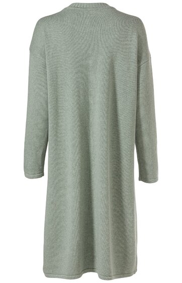 Langärmliges, hellgraugrünes Kleid ohne Muster, gerade geschnitten, rundhalsausschnitt, knielang, Rückansicht