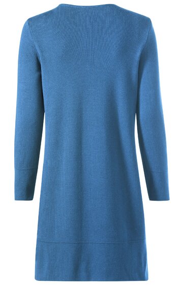 Blaues Langarmkleid, einfarbig, rundhalsausschnitt, knielang, gerade geschnitten, ohne Muster oder sichtbare Details, Rückansicht