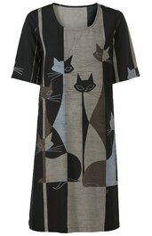 Knielanges Kleid in Schwarz und Grau mit abstraktem Katzenmuster, U-Ausschnitt, halblange Ärmel, gerade geschnitten