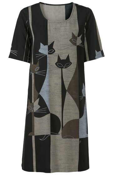 Knielanges Kleid in Schwarz und Grau mit abstraktem Katzenmuster, U-Ausschnitt, halblange Ärmel, gerade geschnitten
