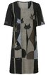 Knielanges Kleid in Schwarz und Grau mit abstraktem Katzenmuster, U-Ausschnitt, halblange Ärmel, gerade geschnitten