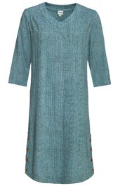 Blaugrünes Kleid mit dezentem Muster, V-Ausschnitt, 3/4-Ärmel, gerade Passform, seitliche Knopfleisten unten, knielang