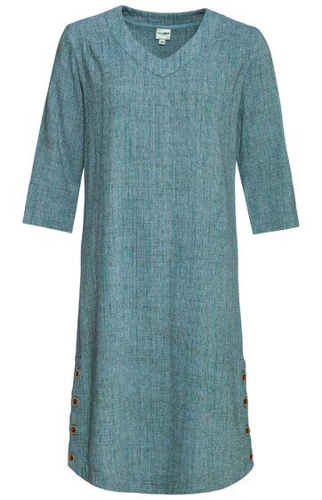 Blaugrünes Kleid mit dezentem Muster, V-Ausschnitt, 3/4-Ärmel, gerade Passform, seitliche Knopfleisten unten, knielang