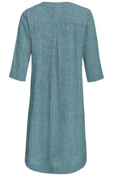Blaugrünes Kleid ohne Muster, dreiviertellange Ärmel, Rücken mit Mittelnaht und Kellerfalte, leicht ausgestellt, knielang