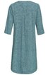 Blaugrünes Kleid ohne Muster, dreiviertellange Ärmel, Rücken mit Mittelnaht und Kellerfalte, leicht ausgestellt, knielang