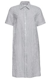 Knielanges Hemdkleid in Weiß mit schwarzen senkrechten Streifen, Kragen, kurze Ärmel mit Umschlag, durchgehende Knopfleiste vorne, lockere gerade Form
