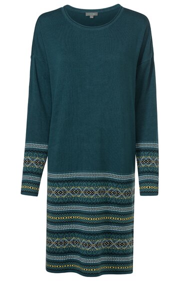 Dunkeltürkises Strickkleid mit Rundhalsausschnitt, langärmlig, mit mehrfarbigem Norwegermuster an Ärmeln und Saum, gerade geschnitten