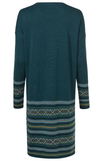 Langärmeliges Strickkleid in dunkelgrün mit mehrfarbigem Norwegermuster an Ärmeln und Saum, gerade Form, Rückansicht