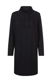 Schwarzes Kapuzenkleid, schlicht, lange Ärmel, Kapuze mit Kordelzug, gerade geschnitten, ohne Muster, knielang