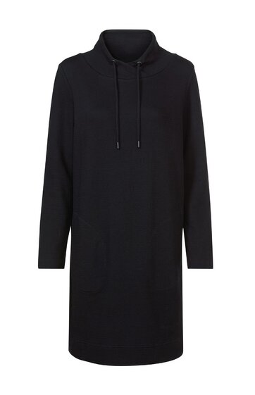 Schwarzes Kapuzenkleid, schlicht, lange Ärmel, Kapuze mit Kordelzug, gerade geschnitten, ohne Muster, knielang