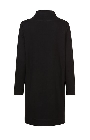 Schwarzer Mantel, lange Ärmel, Stehkragen, gerade geschnitten, ohne sichtbare Verschlüsse, Rückansicht